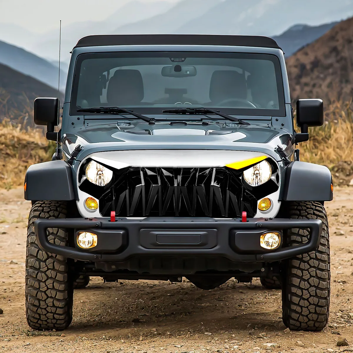 Shark Grille W/ LED Eyebrow DRL and Turn Signals - White & Black For 07-18 Jeep Wrangler JK product image