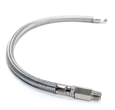 Kleinn Automotive Accessories 18in Steel braided leader hose w/ check valve for air compressors - 1/4in M NPT inlet 1/4in M NPT outlet