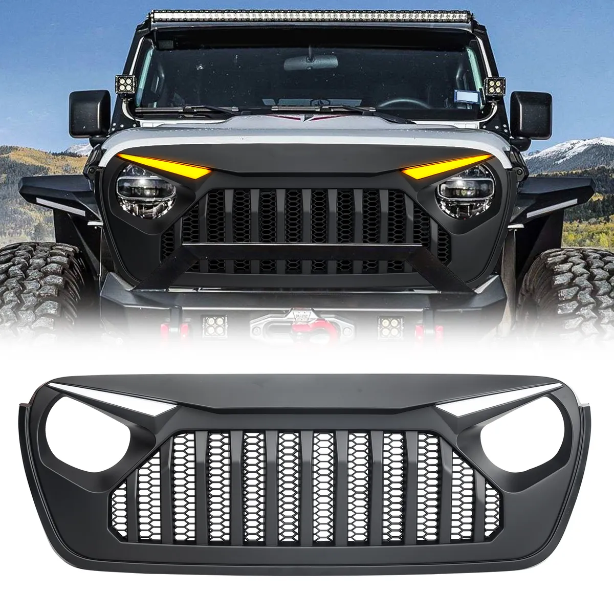 Gladiator Vader Grille W/ LED Eyebrow DRL and Turn Signals - Matte Black For 18+ Jeep Wrangler JL & Gladiator JT W/O Trailcam product image