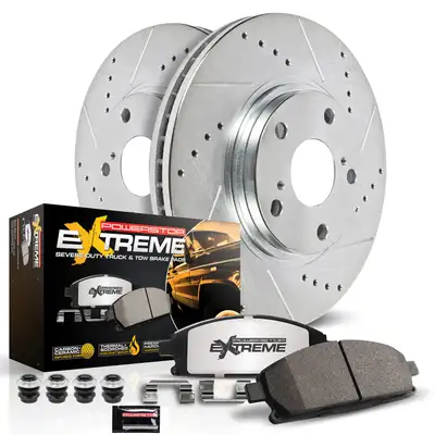 PowerStop Z36 Truck/Tow Upgrade Kit: Drilled/Slotted Rotors; Carbon-Fiber Ceramic Pads W/Hardware; Pad Sensors
