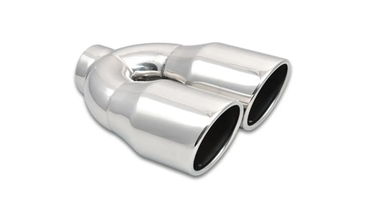 Exhaust Tip; Round Rolled; 3.5 in. Outlet O.D.; 2.5 in. Inlet ID; 10 in. L; 304 Stainless Steel; Single Wall Angle Cut; Dual; Polished; product image
