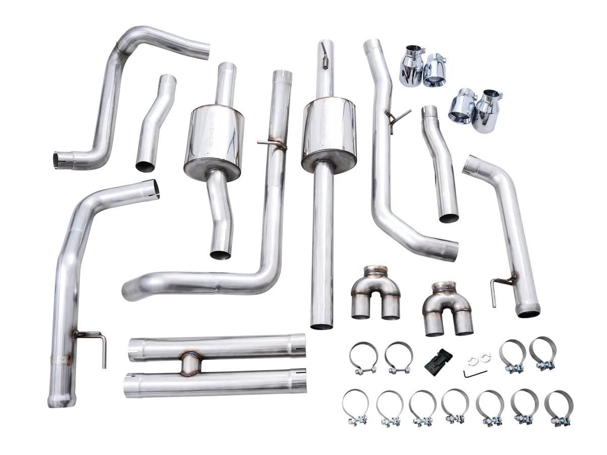 AWE 0FG Catback Split Rear Exit Exhaust for 4th Gen Silverado/Sierra 1500 6.2L (with bumper cutouts) - Quad Chrome Silver Tips product image
