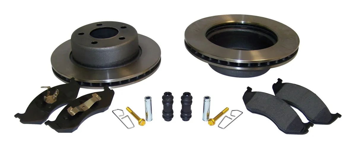 1990-1999 Cherokee XJ w/ 2-piece composite rotor; Front; Kit includes: 2 Brake Rotors 1 Pad Set and all necessary hardware. 1993-1998 Grand Cherokee ZJ w/ 2-piece composite rotor; Front; Kit includes: 2 Brake Rotors 1 Pad Set and all necessary hardware product image