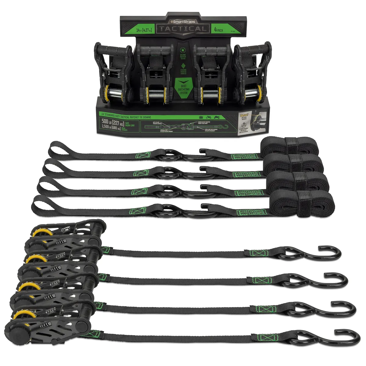 14ft 1500lb Tactical Ratchet Tie Down 4 pk Green product image