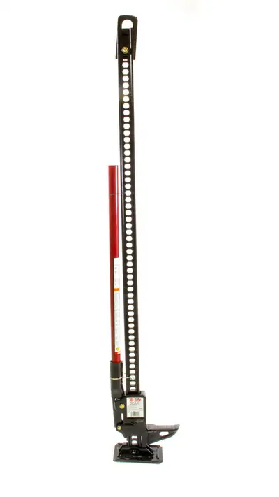 Hi-lift Jack 60 Cast Steel Model 7000 lb. Capacity 4660 Rated Capacity. Black Jack with a Red Handle.