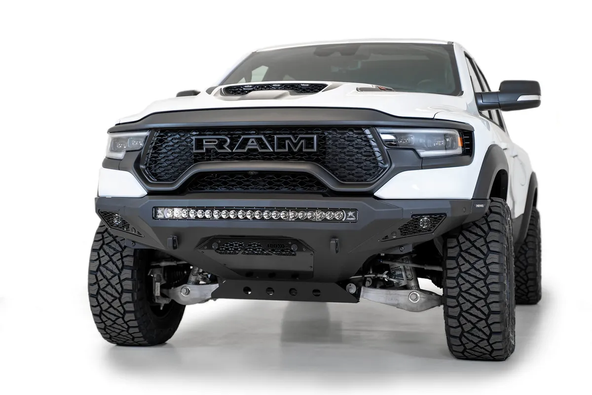 RAM 1500 Trx Stealth Fighter Front Bumper With D-Ring Clevis Mounts With 10 Single Small Square Light 40 Universal Mounts And Dually on The Side in Hammer Black With Satin Black Panels 2021 RAM 1500 Trx product image