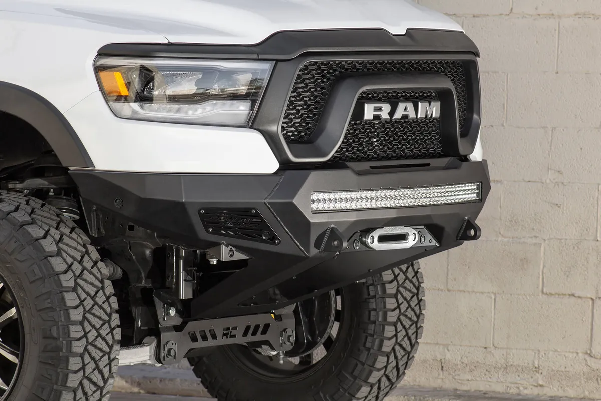 The RAM Rebel Has Never Looked Better With The Stealth Fighter Front Bumper. a Radius Steel Plate Design Gives Your RAM Truck Added Front End Protection Without All The Extra Bulk. Matching The RAM Rebel Factory Body Lines The Stealth Fighter Front Bumper product image