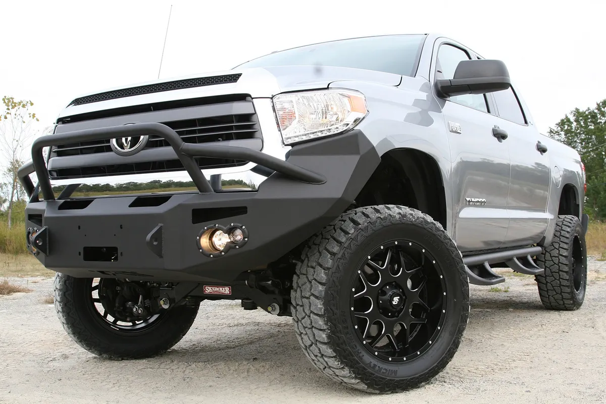 Premium Winch Front Bumper; 2 Stage Black Powder Coated; w/Pre-Runner Grill Guard; Incl. 90mm Fog Lamps/60mm Turn Lights; D-Ring Mounts; product image