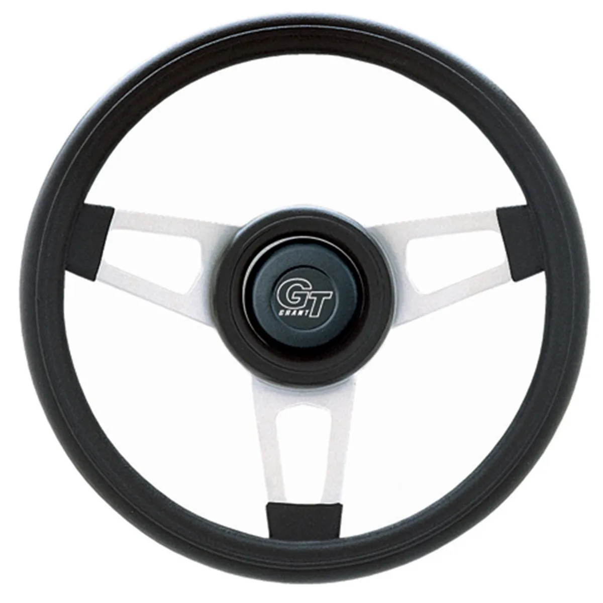 Challenger Steering Wheel; 13.75 in. Diameter; 2 1/4 in. Dish; Black Cushion Grip; Satin Silver 3-Spoke Design; product image