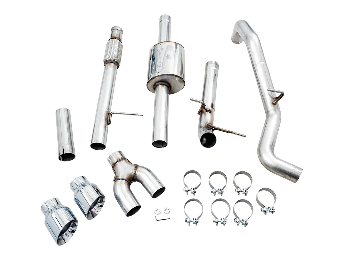 AWE 0FG Catback Split Rear Exit Exhaust for 4th Gen Silverado/Sierra 1500 5.3L (With Bumper Cutouts) - Quad Chrome Silver Tips product image