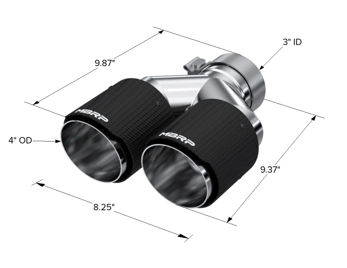 Carbon Fiber Exhaust Tip; 3 in. Inlet Diameter; 4 in. Outlet Diameter; Left Tip 9.87 in. Length; Right Tip 9.37 in. Length; Dual Out; Carbon Fiber Finish; product image