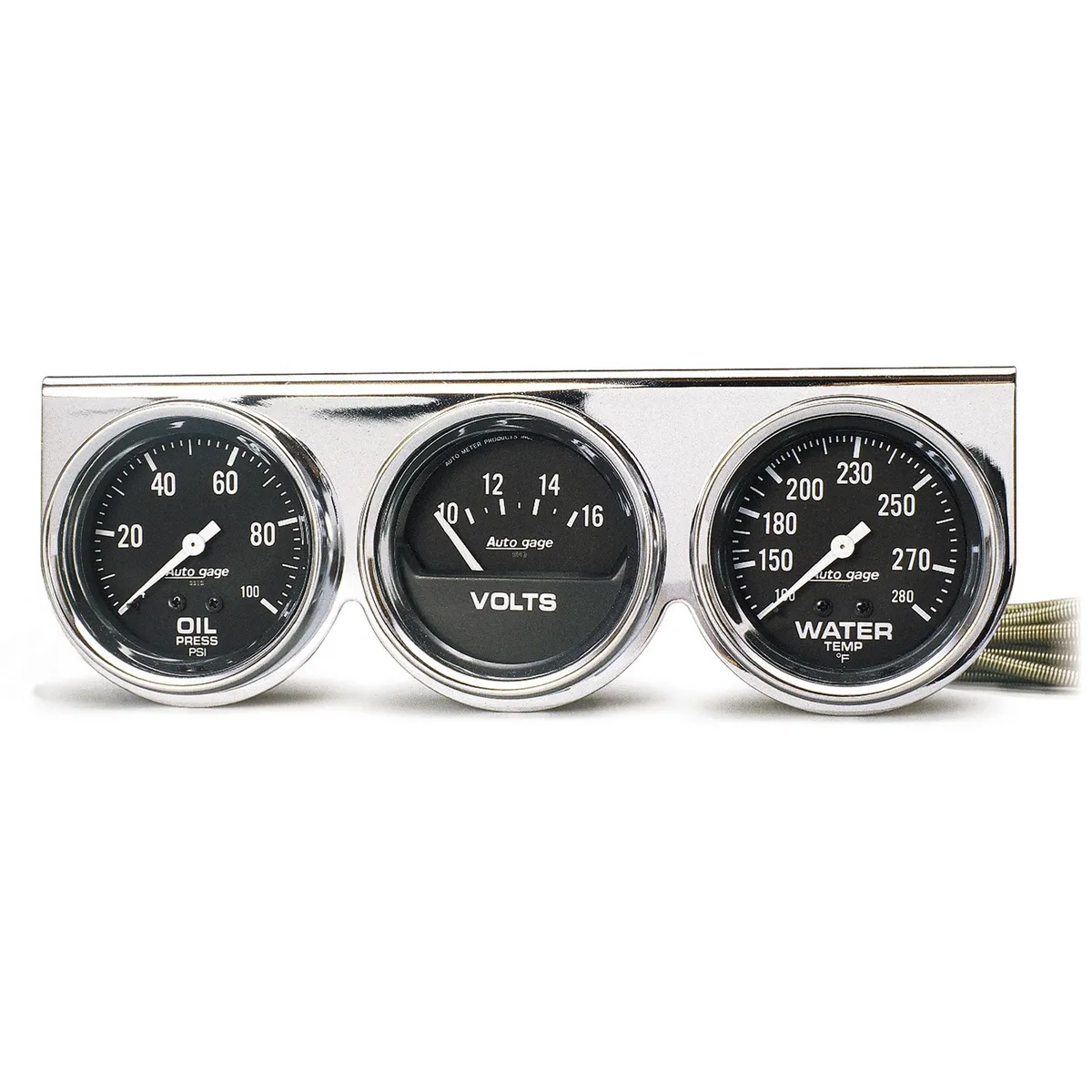 Autometer 2399 Gauge Console, Oilp/Wtmp/Volt, 2 5/8, 100psi/280?f/16v, Blk Dial, Chrme Bzl, ag product image