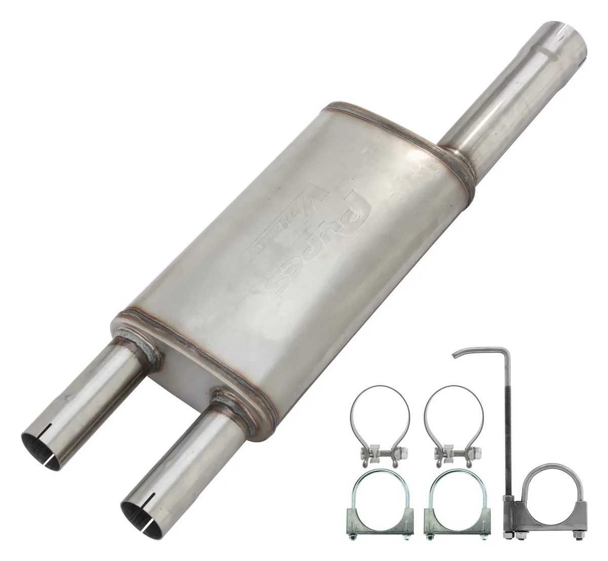 Violator Muffler Kit 09-18 Ram Hemi Split Rear Dual Exit Intermediate Pipe 3 in Hardware And Muffler Incl Tip Not Incl Natural Finish 409 Stainless Steel Pypes Exhaust product image