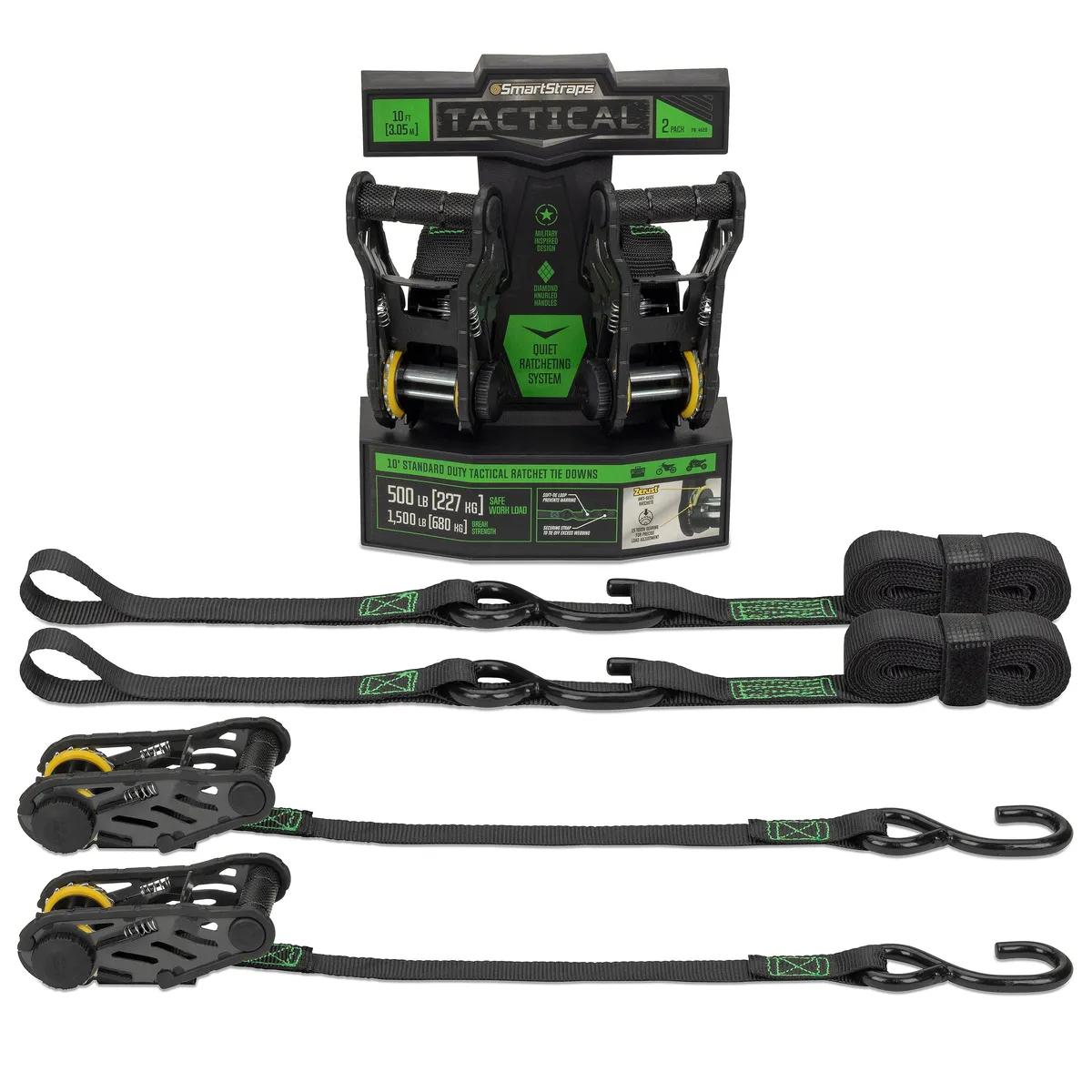 14ft 1500lb Tactical Ratchet Tie Down 4 pk Green product image