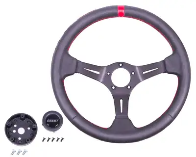 Grant Performance/Race Series Aluminum Steering Wheel; 13.75 in. Diameter; 3 1/2 in. Dish; Premium Leather w/Red Top Marker; Aluminum 3-Spoke Design;