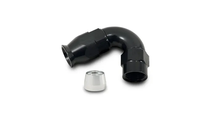 120 Degree High Flow Hose End Fitting; -10AN; 6061 Aluminum; Black Anodized; For PTFE Lined Hose; product image