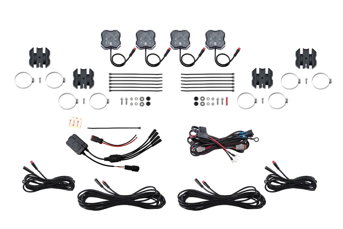 Diode Dynamics Diode Dynamics - Stage Series SXS Rock Light Installer Kit, RGBW M8 w/Controller (4-pack)