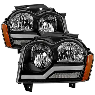 Spyder Auto 0507 Grand Cherokee Headlights With LED Light Bar Black