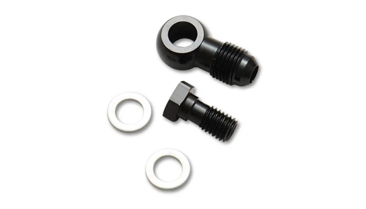 Banjo Hose End Fitting Assembly; -3AN Banjo Size; M10x1.0 Metric Bolt Size; 6061 Aluminum; Black Anodized; Single Male; product image