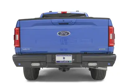 Fab Fours Black Steel Rear Bumper; Sensor Compatible; Incl. Reverse Lights; 14 Gauge Steel; Black Powder Coat; 85 lbs.;