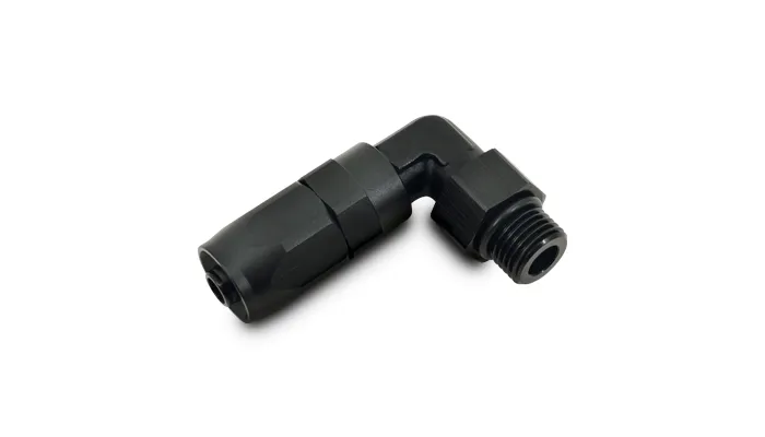 90 Degree Hose End Fitting; -12AN Hose Size; -10 ORB Male Thread Size; 7/8-10 in. Thread; 6061 Aluminum; Black Anodized; product image