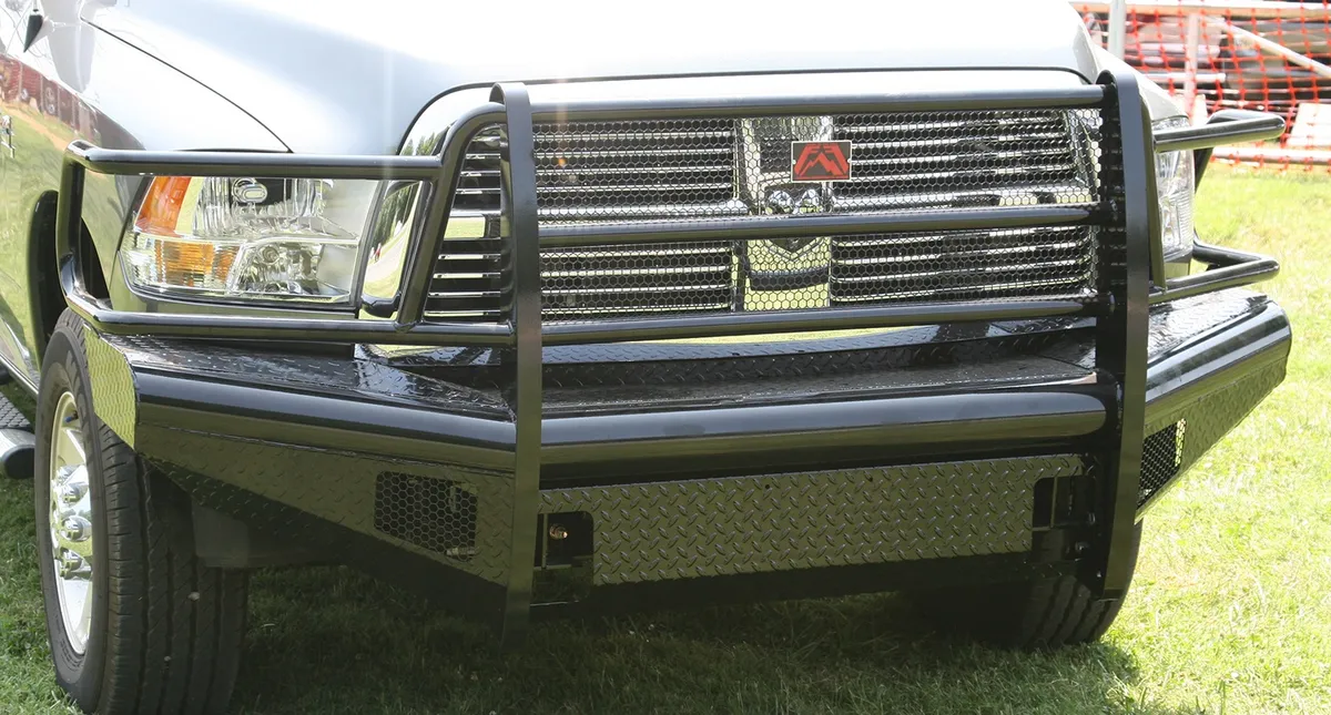 Black Steel Front Ranch Bumper; 2 Stage Black Powder Coated; w/Full Grill Guard; Incl. Light Cut-Outs; product image