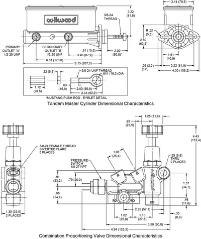 Wilwood Brakes Hv Tandem M/C Kit W/ Bracket & Prop Valve7/8in Boreblackw/Push.early Mustang