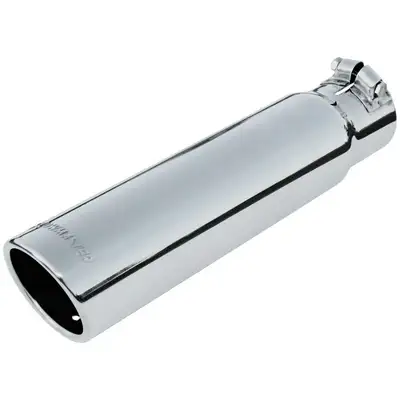 Flowmaster Exhaust Tip, Logo Embossed Polished Stainless, Rolled Edge Angle Cut, 3.00" Tip dia. x 2.50" Pipe dia. x 12.00" Length, Clamp On: ea