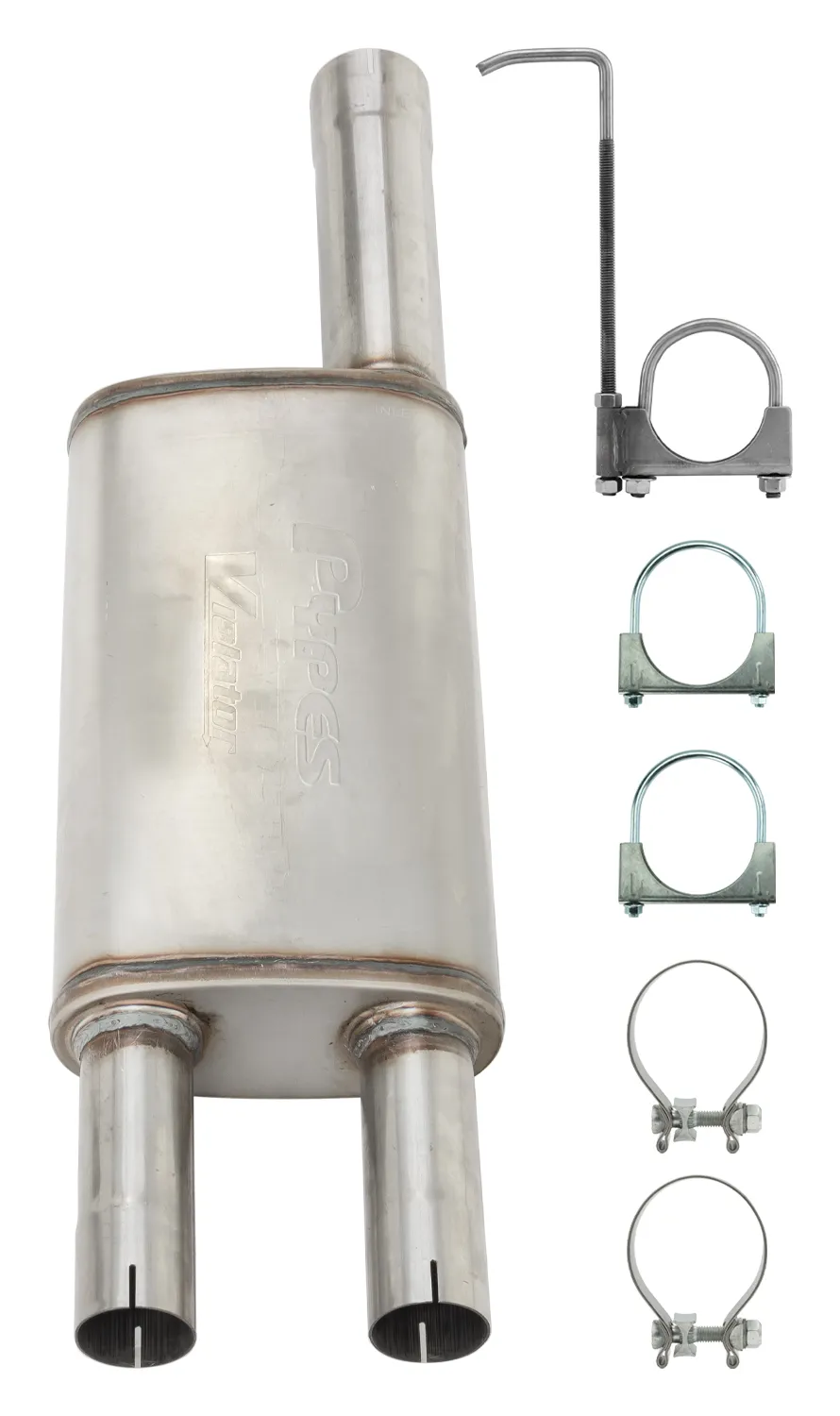 Violator Muffler Kit 09-18 Ram Hemi Split Rear Dual Exit Intermediate Pipe 3 in Hardware And Muffler Incl Tip Not Incl Natural Finish 409 Stainless Steel Pypes Exhaust product image