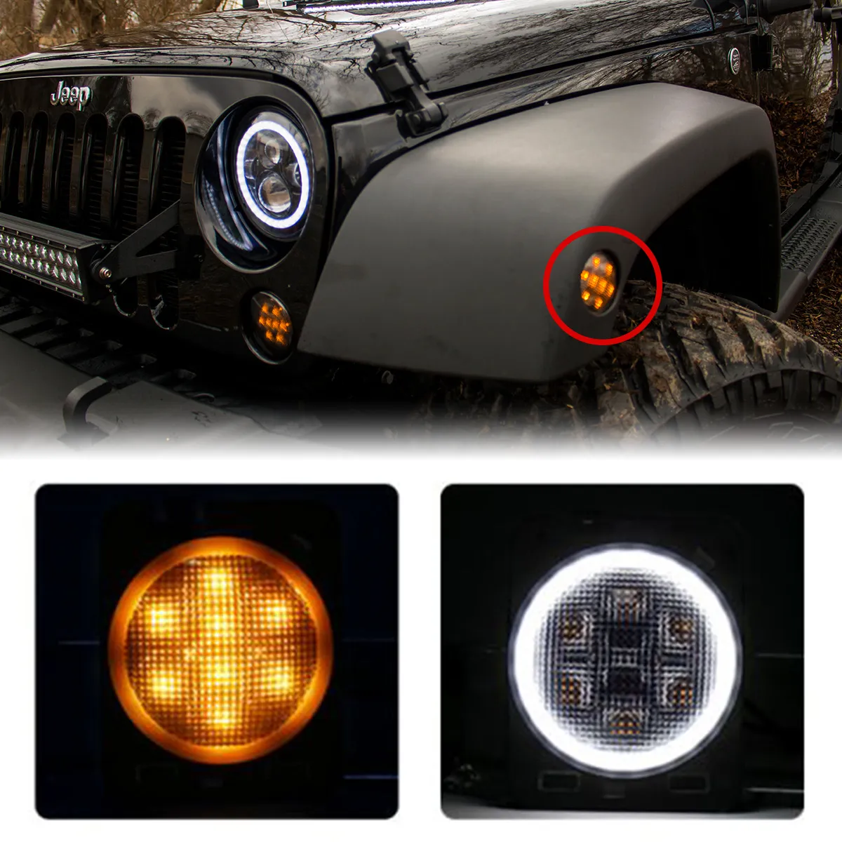 Race Sport 0617 Wrangler JK Side Fender Amber LED Light Kit W/White Halo