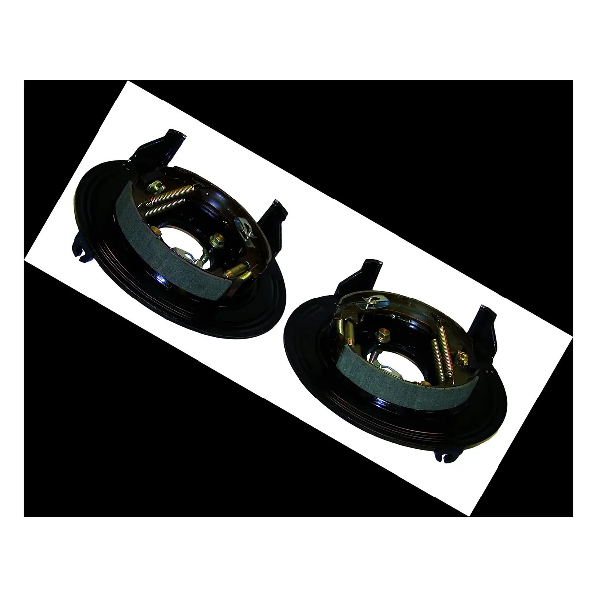 Backing Plate Set; Rear; Incl. Backing Plates/Caliper Brackets/Parking Brake Shoes/Springs/Hardware; For Use w/Dana 35; product image