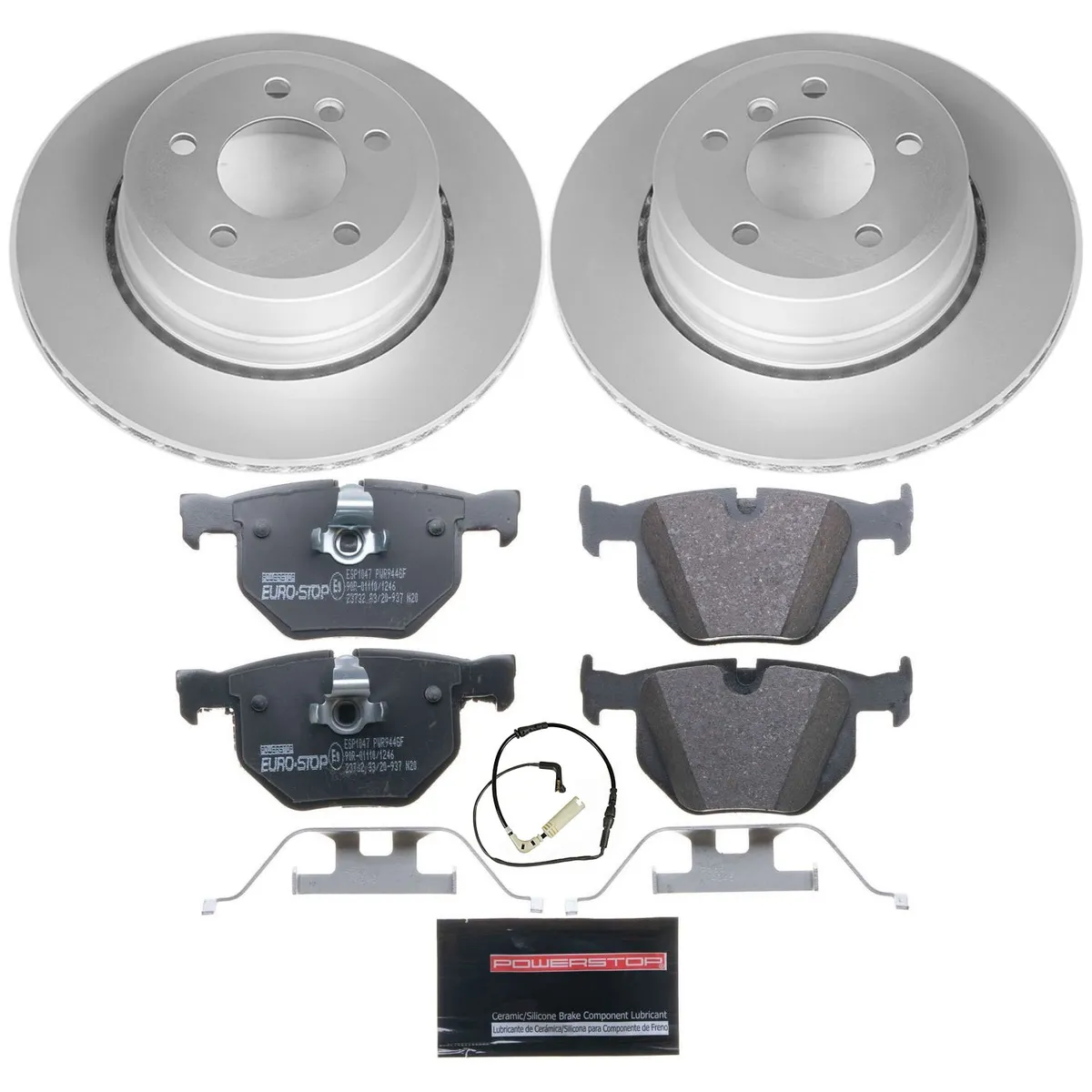 Euro-Stop Kit: Genuine Geomet Fully Coated Rotors; Ece-R90 Certified Pads W/Hardware; Pad Sensors product image