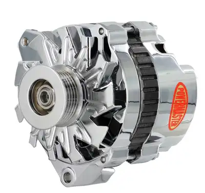 Power Master Alternator; CS130; Offset Left; Rear Battery Post; 105 Amp; 85 Idle; 6 Groove Pulley; Chrome;