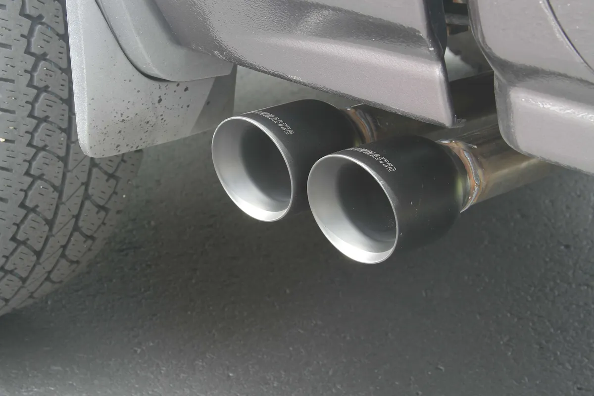 2014-2018 GM SilveradoSierra 1500 12 Ton 5.3L V8 Crew Cab and Double Cab 24 Wheel Drive Except Crew Cab 2WD with 2 Pc Driveshaft Cat-back Flow FX Series Muffler Mandrel Bent 2.5in. 16 Gauge Tubing 4 in. Black Ceramic Coated Tips WEtched product image