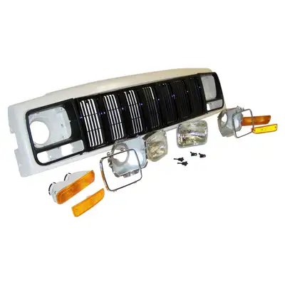 Crown Automotive Jeep Replacement Header Panel Kit; Incl. Header Panel/Headlamps/Bulbs/Bezels/Adjusters/Parking Lamps/Sidemarker Lamps/Grilles/Headlamp Seats/Headlamp Rings/Hardware.;