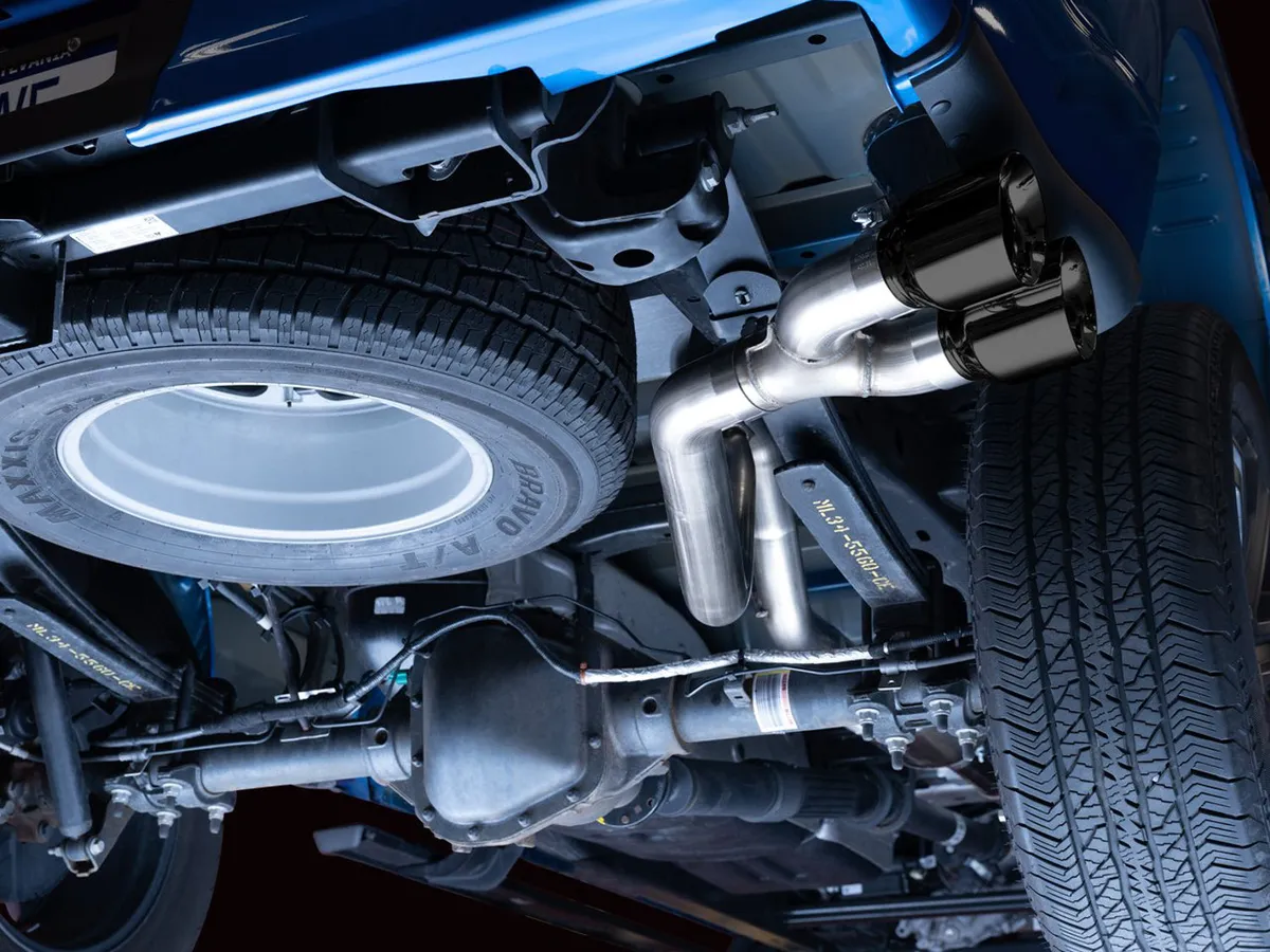 AWE 0FG Dual Split Rear Exhaust for '21+ Ford F-150 - 5" Diamond Black Tips product image