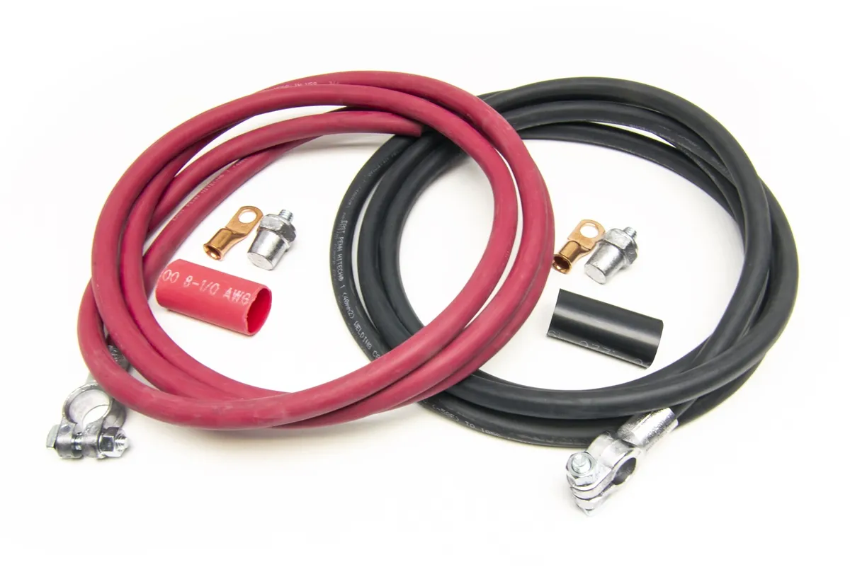 Battery Cable Kit; Incl. 8 ft. Red 1 ga. Positive Cable/8 ft. Black 1 ga. Negative Cable/Side Post Adapter/High Amp Crimp Ring Terminals w/Heatshrink; product image