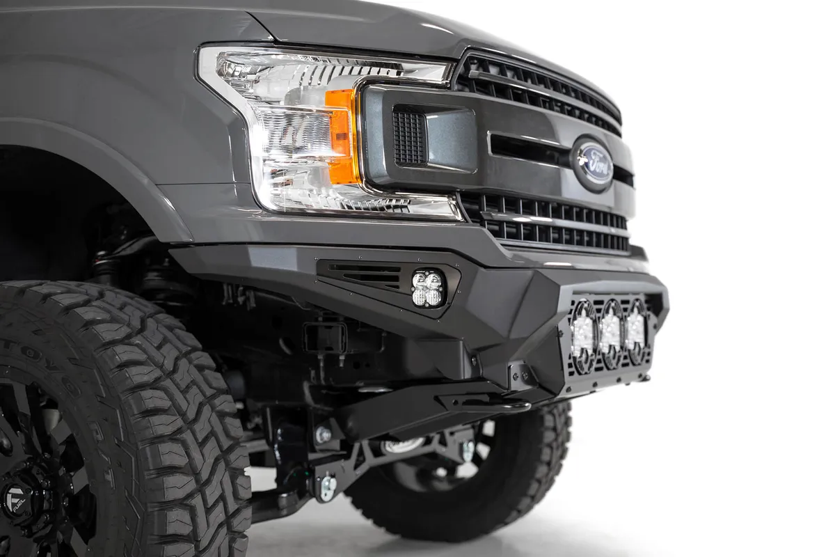 Ford F-150 Bomber Front Bumper with 3 Baja Designs LP6 Mounts and Dually Mounts on Sides in Hammer Black with Satin Black panels product image