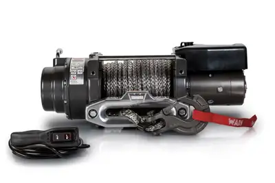 Warn WARN - Vehicle Mounted; Vehicle Recovery Winch; 12 Volt Electric; 16500 Pound Pull Line Capacity; 80 Foot Synthetic Rope; Hawse Fairlead; Wired Remote; Plane