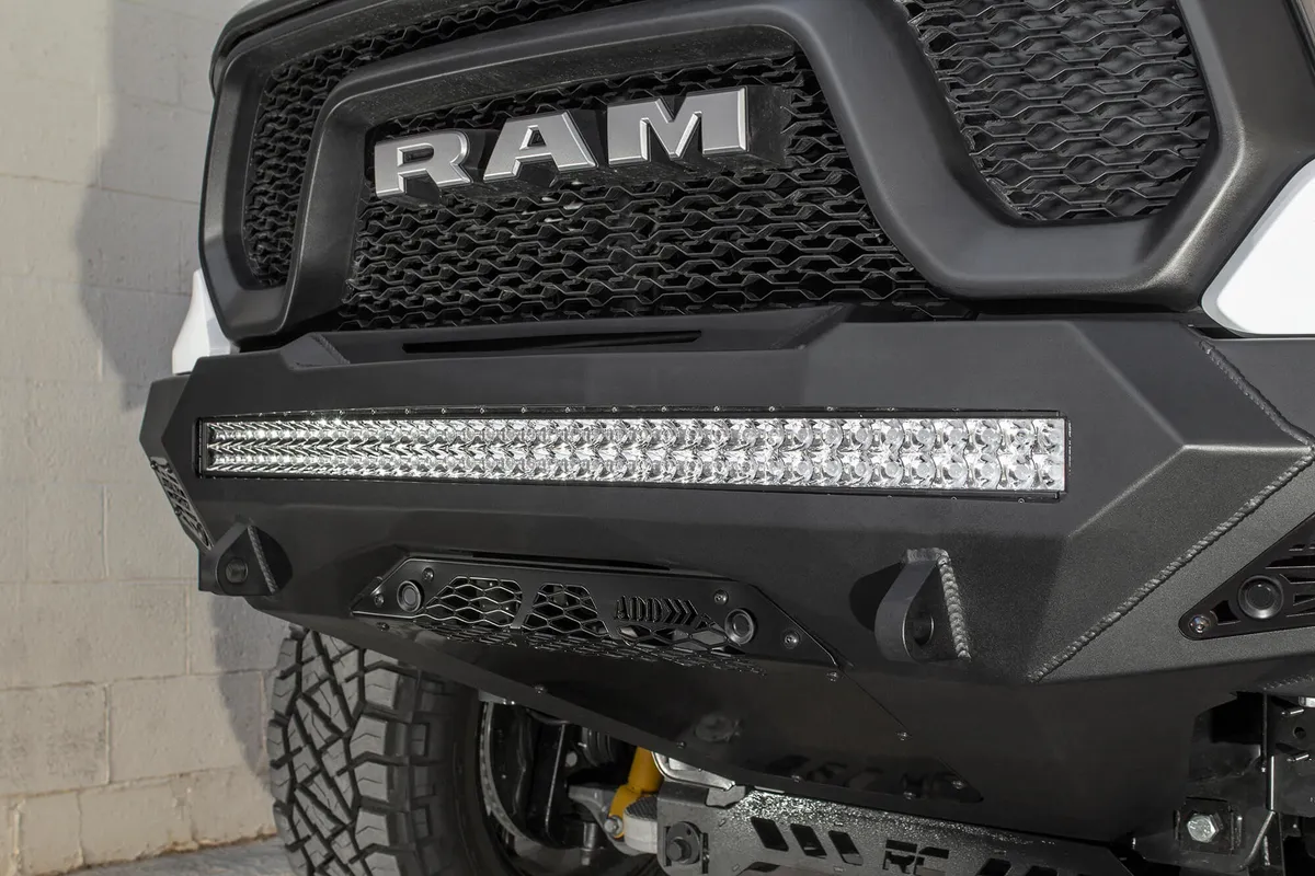 The RAM Rebel Has Never Looked Better With The Stealth Fighter Front Bumper. a Radius Steel Plate Design Gives Your RAM Truck Added Front End Protection Without All The Extra Bulk. Matching The RAM Rebel Factory Body Lines The Stealth Fighter Front Bumper product image