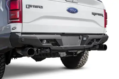 Addictive Desert Designs Ford Raptor 2017 - up Stealth Fighter Rear Bumper set up for duallys with back up sensor holes cut in panels in Hammer Black with Satin Black panels