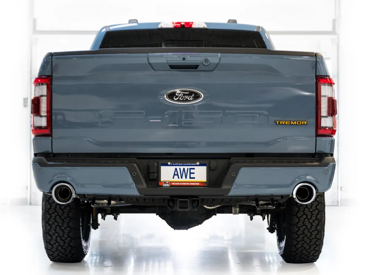 AWE 0FG Resonated Catback for 21 Ford F-150 Tremor (With Bumper Cutouts) - Chrome Silver Tips 3015-32402 product image