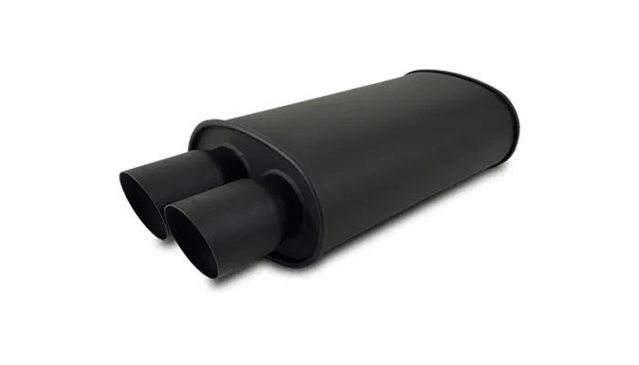 STREETPOWER Flat Black Oval Muffler; Single Angle Tip; 2.5 in. Inlet ID; 3 in. Tip OD; 5 in. H; 9 in. W; 4.25 in. Tip L; 15 in. Body L; 20 in. Overall L; Dual Outlet; product image