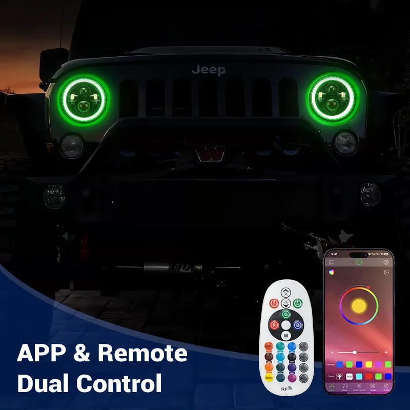 "7"" Jeep Wrangler LED Headlights with RGB Halo App Or Remote Control for 1997-2018" product image