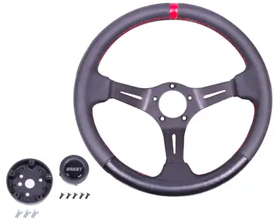 Grant Performance/Race Series Aluminum Steering Wheel; 13.75 in. x 3 1/2 in. Dish; Diamond Texture w/Red Top Marker; Aluminum 3-Spoke Design;