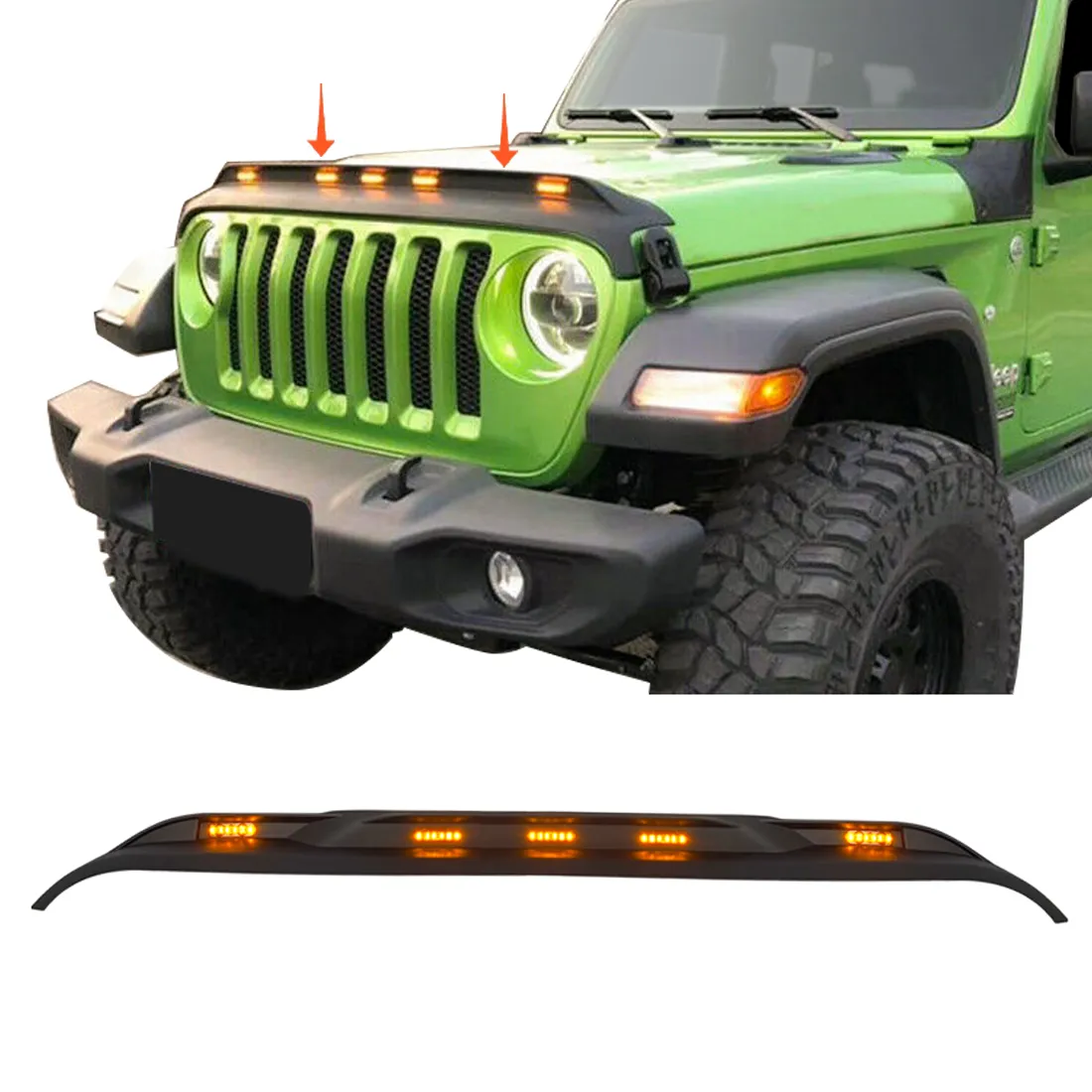 Front Hood Protector Stone Guard W/ Amber LED Lights For 18+ Jeep Wrangler JL & Gladiator JT product image
