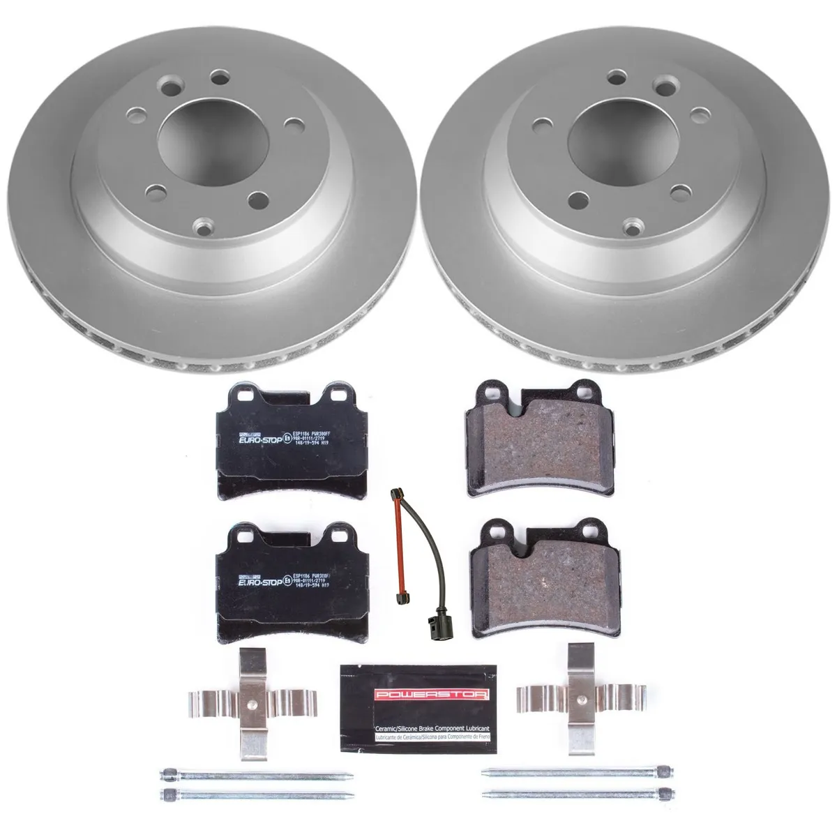 Euro-Stop Kit: Genuine Geomet Fully Coated Rotors; Ece-R90 Certified Pads W/Hardware; Pad Sensors product image
