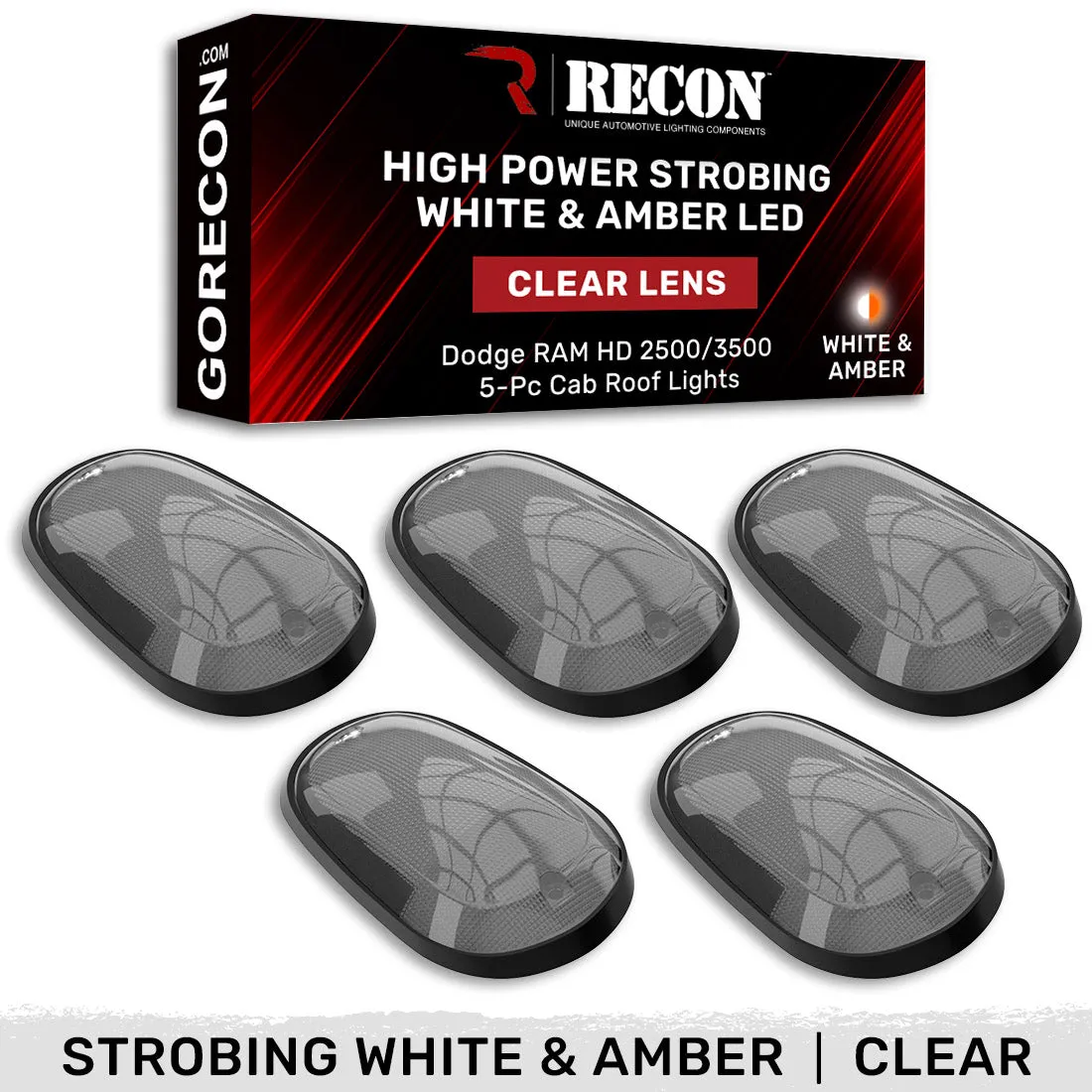 Dodge 03-19 Heavy-Duty 2500 and 3500 5-Piece Set Clear Cab Roof Light Kit with White and Amber Strobe LEDs and White o product image