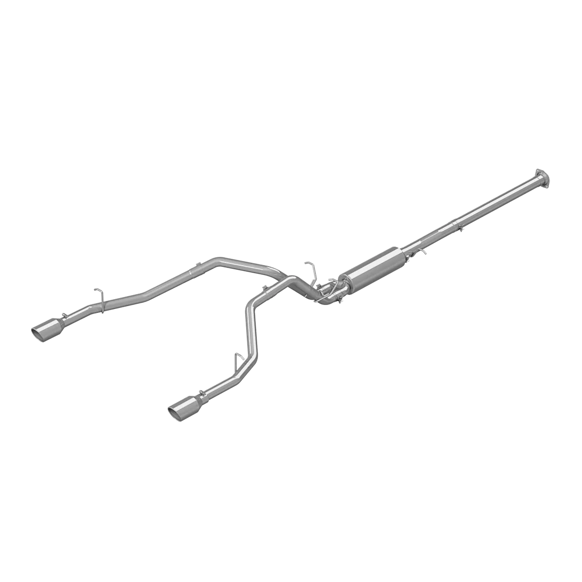 Armor Plus Cat Back Exhaust System; 2.5 in.; Incl. Front Pipe/Extension Pipe/Muffler/Over Axle Pipes/Tailpipes/Hardware/4.5 in. OD Tips; Dual Split Rear Exit; T409 Stainless Steel; product image