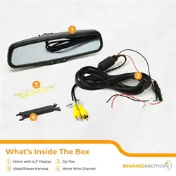 Brandmotion 10 in. Mirror w/4.3 in. Color Display; Full Color Embedded Screen; 2 RCA Inputs w/Trigger Wires; No Parking Gridline Overlay-Can Be Supplied From Aftermarket Camera;